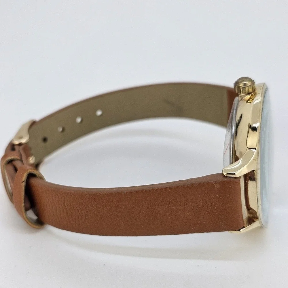 Kessaris Women's Watch 36MM White Dial Brown Faux Leather Bands‎ New Battery